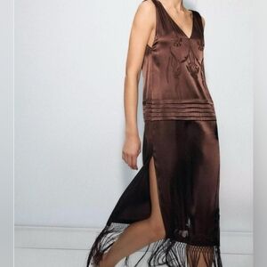 Sz S Zara Silky Floral Embroidered Fringe Hem Side Slit Maxi Dress in Chocolate